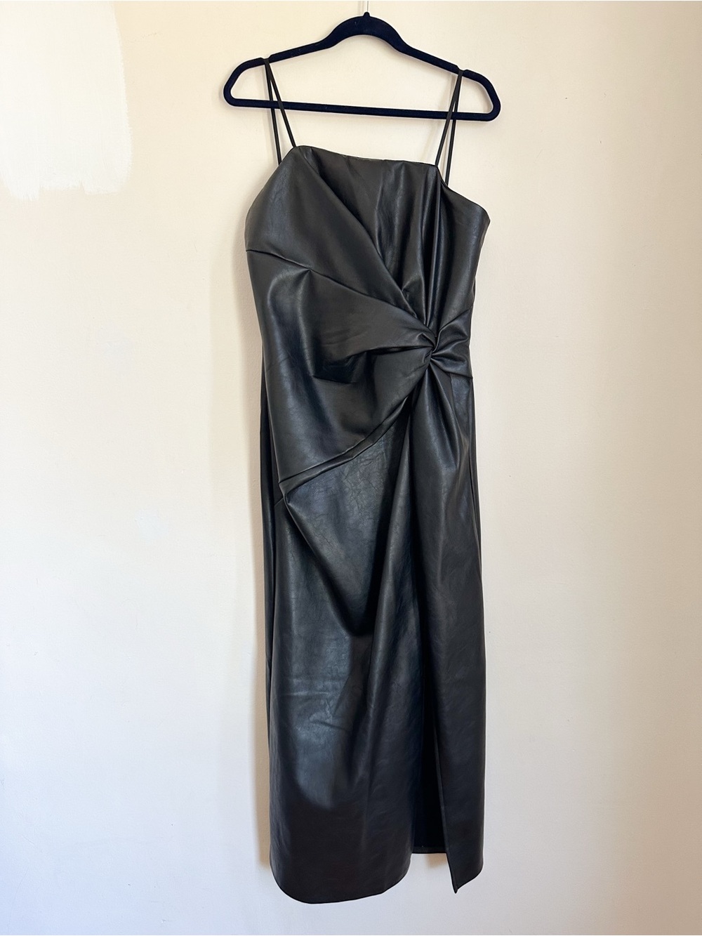 Faux Leather Strapless Knotted Front Midi Dress / S